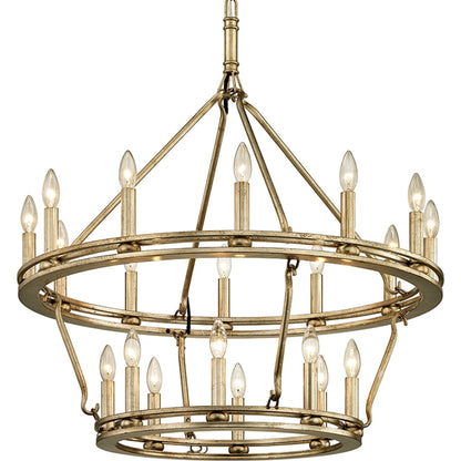 Sutton 20 Light Chandelier by Troy in champagne silver leaf. Made from hand worked iron in a rustic style.