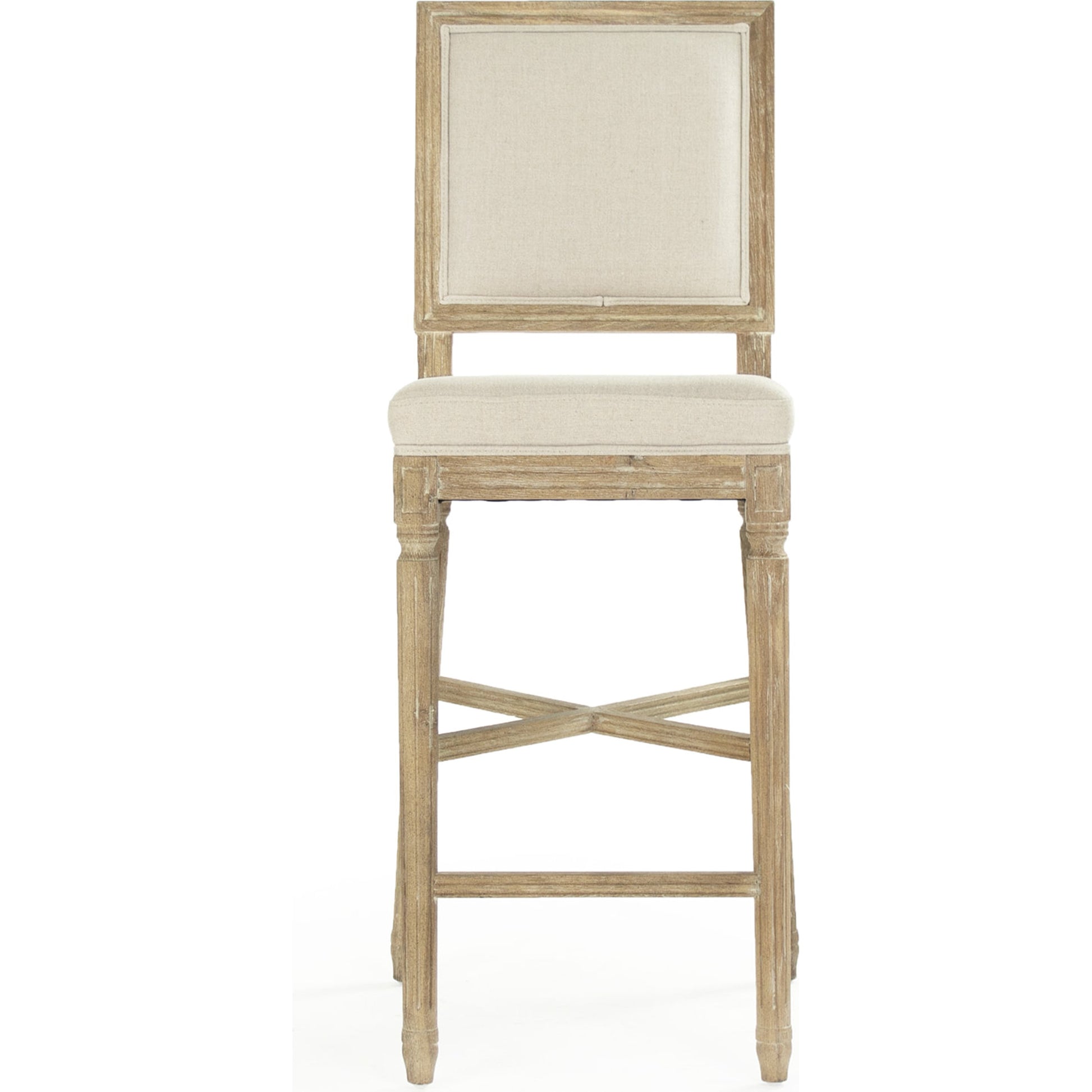 Louis Bar Chair by Zentique in natural linen and limed gray oak. Made from limed grey oak in a cottage & farmhouse style.