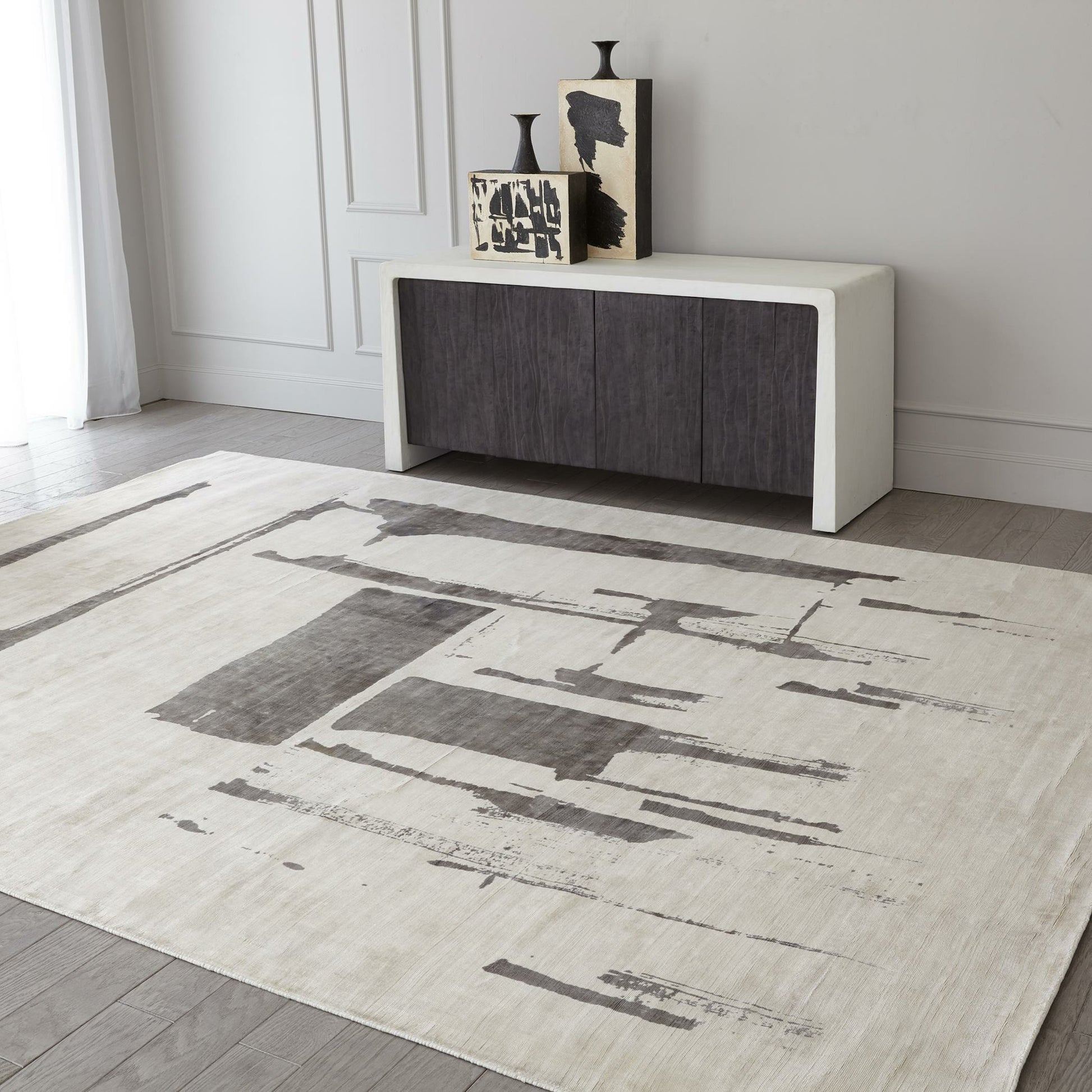 Edifice Rug by Global Views in cream, charcoal. Made from 80% viscose, 20% cotton (backing) in a unique style.