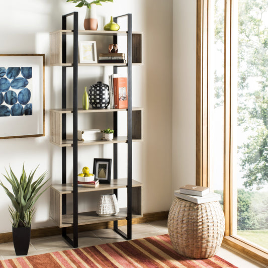 Adhara Etagere by Safavieh in oak, black. Made from mdf in a modern style.