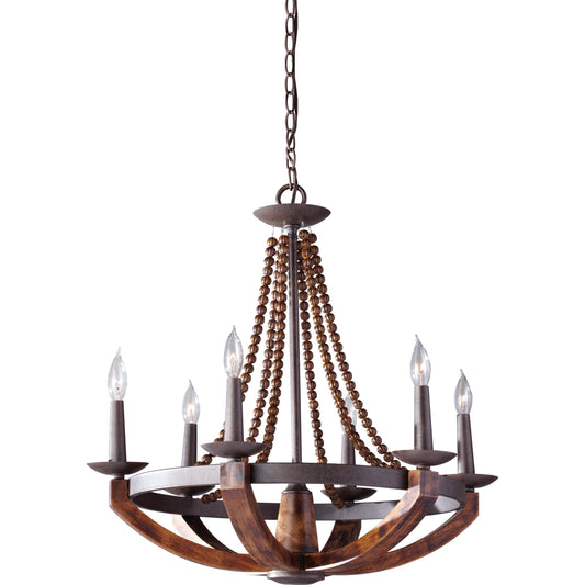 Adan Chandelier by Generation Lighting in rustic iron, burnished wood. Made from resin, steel in a transitional style.