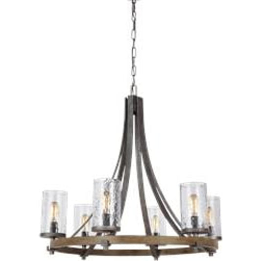 Angelo Tiered Chandelier by Generation Lighting in distressed weathered oak, slate gray metal. Made from steel in a transitional style.