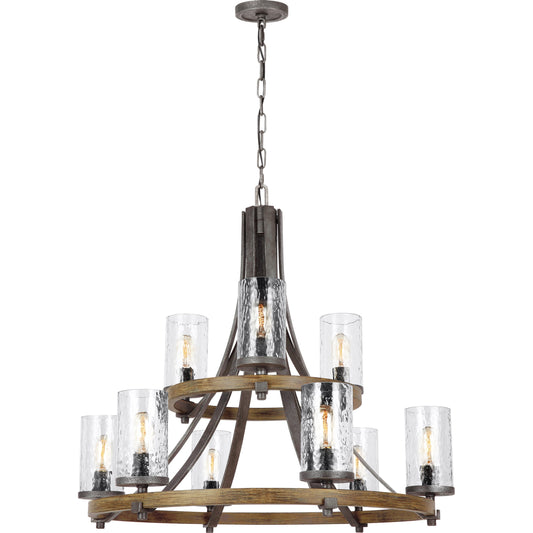 Angelo Tiered Chandelier by Generation Lighting in distressed weathered oak, slate gray metal. Made from steel in a transitional style.