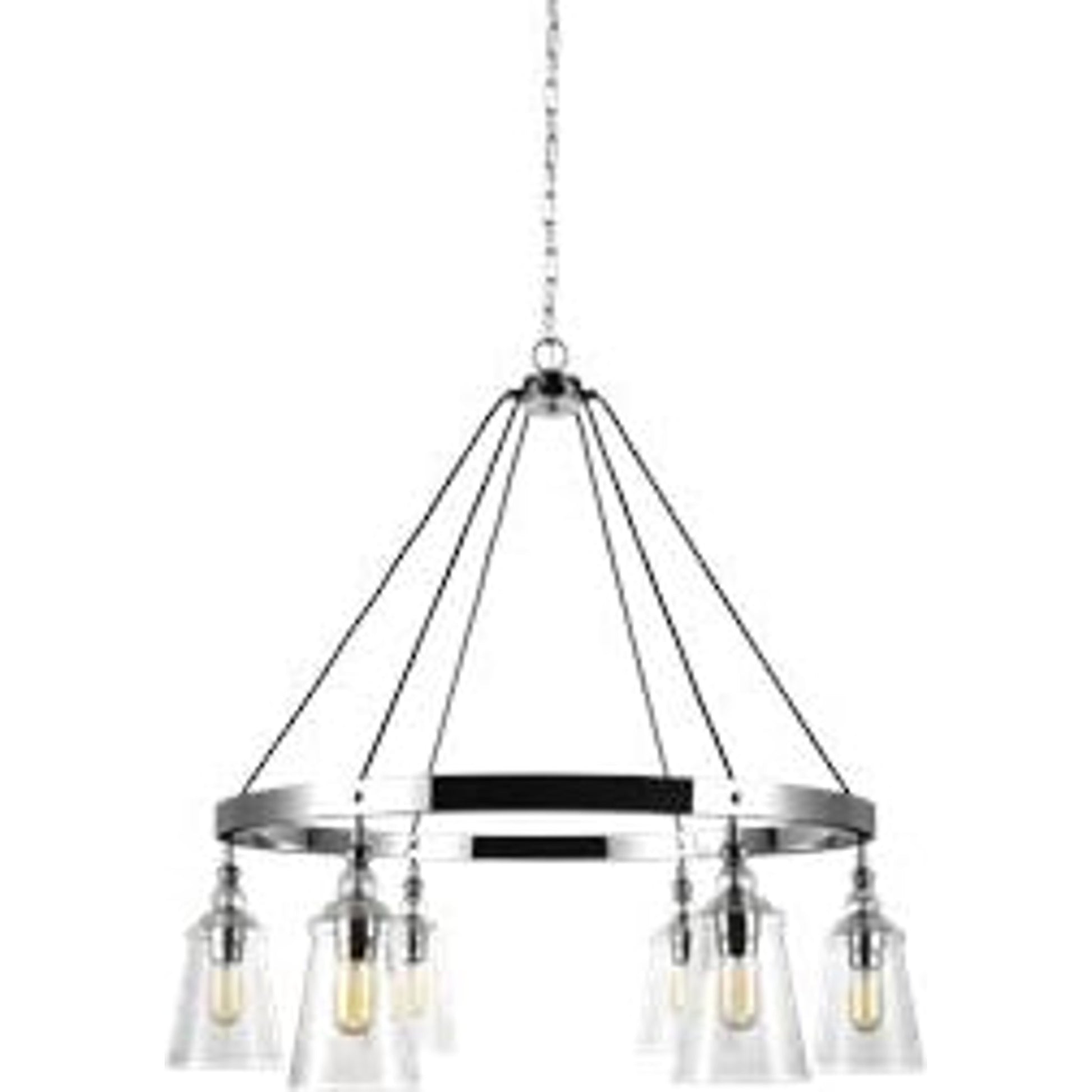 Loras Chandelier by Generation Lighting in dark weathered iron. Made from steel in a modern style.