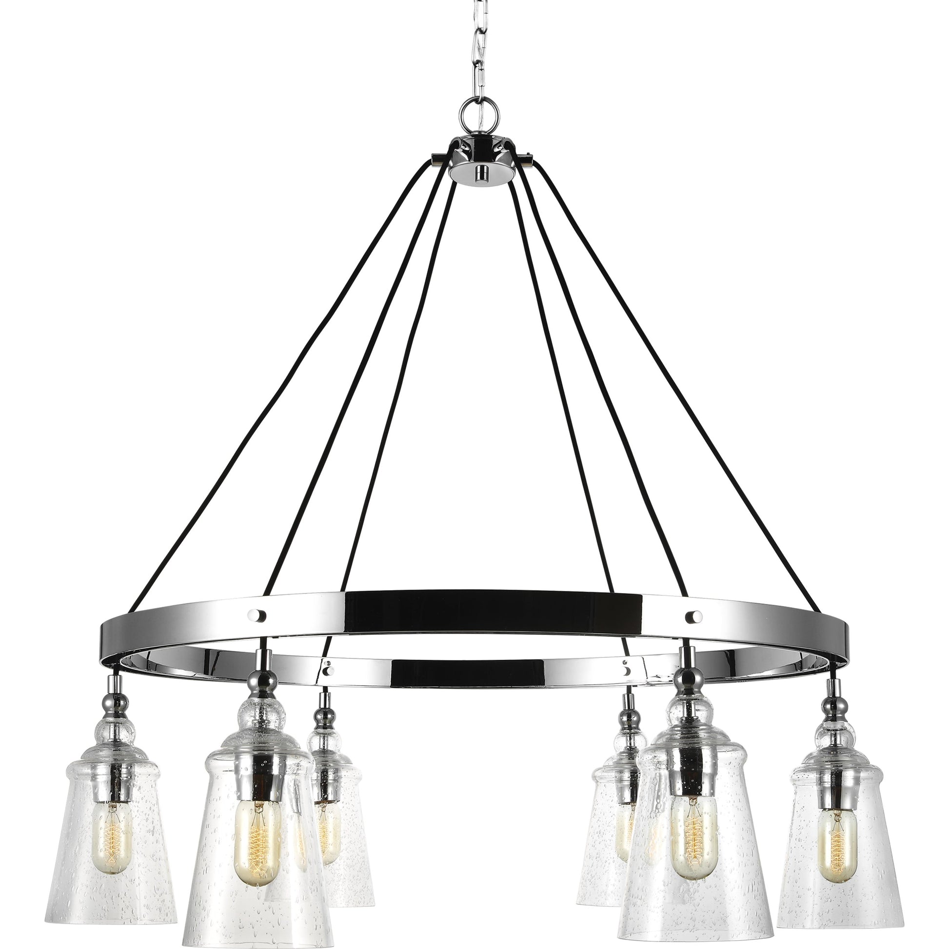 Loras Chandelier by Generation Lighting in dark weathered iron. Made from steel in a modern style.
