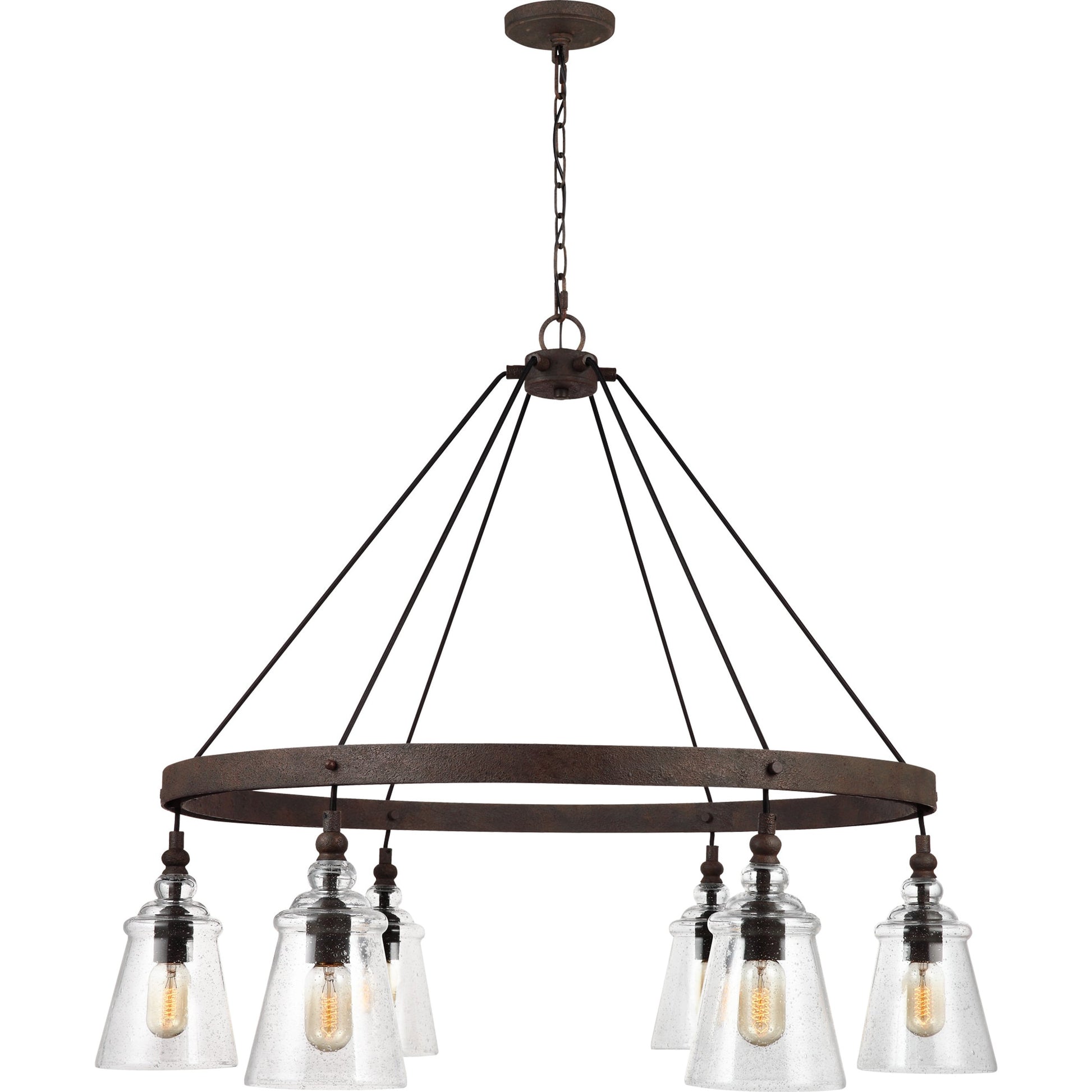 Loras Chandelier by Generation Lighting in dark weathered iron. Made from steel in a modern style.