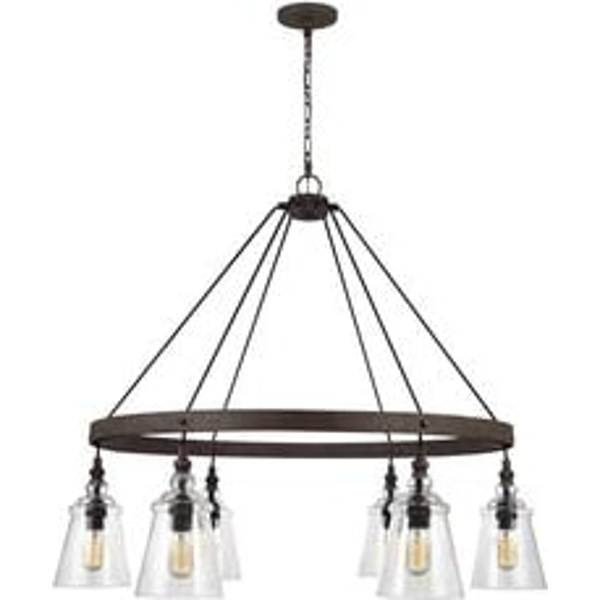 Loras Chandelier by Generation Lighting in dark weathered iron. Made from steel in a modern style.