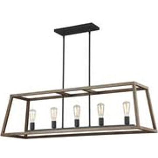 Gannet Island Chandelier by Generation Lighting in weathered oak wood, antique forged iron. Made from steel in a transitional style.