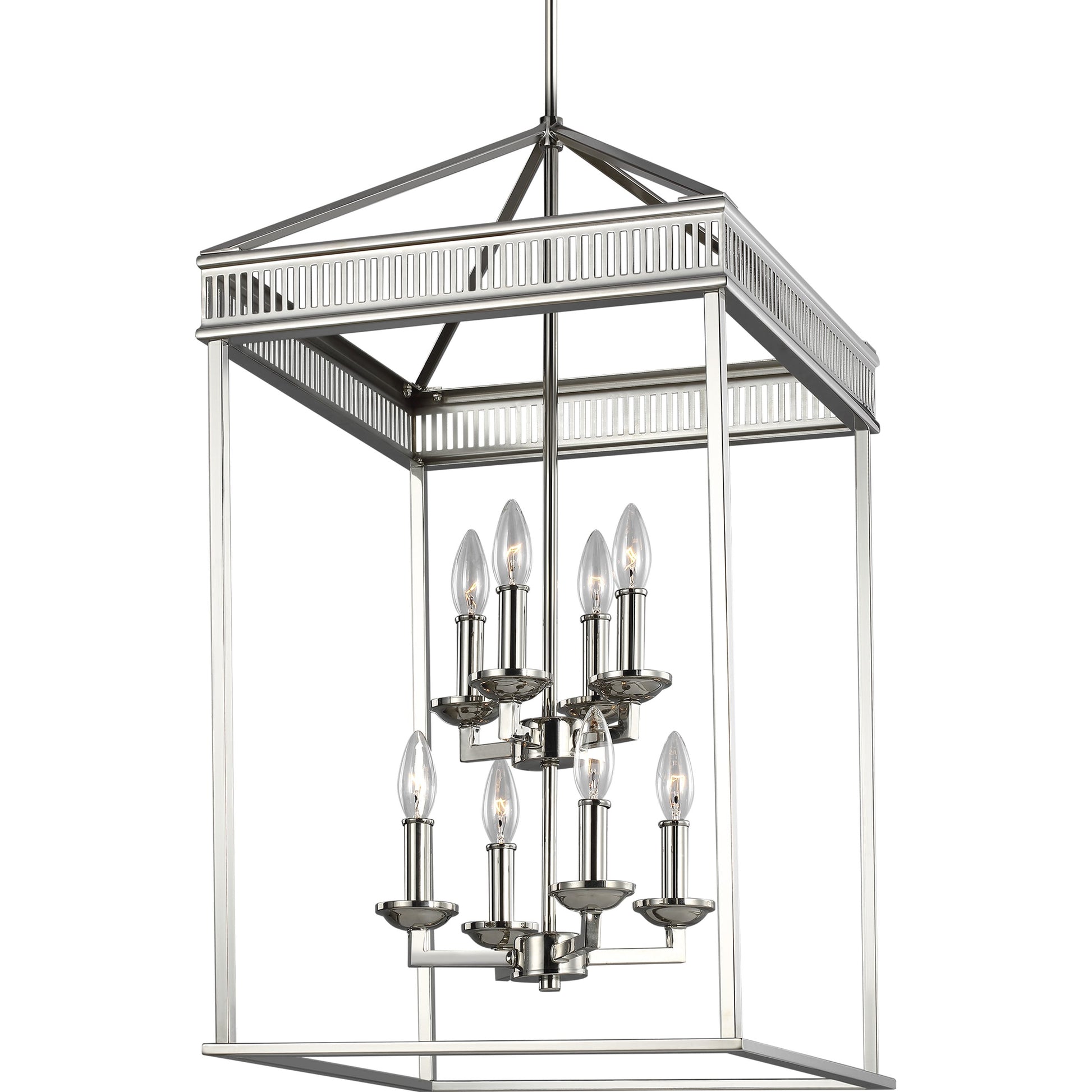 Woodruff Chandelier by Generation Lighting in polished nickel. Made from steel in a traditional style.