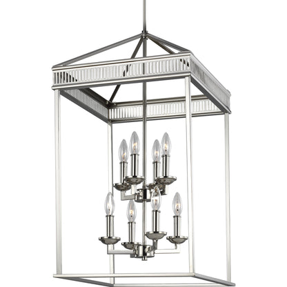 Woodruff Chandelier by Generation Lighting in polished nickel. Made from steel in a traditional style.