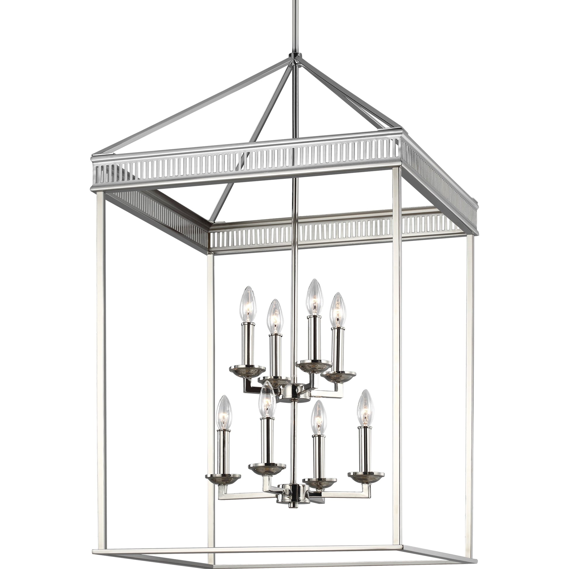 Woodruff Chandelier by Generation Lighting in polished nickel. Made from steel in a traditional style.