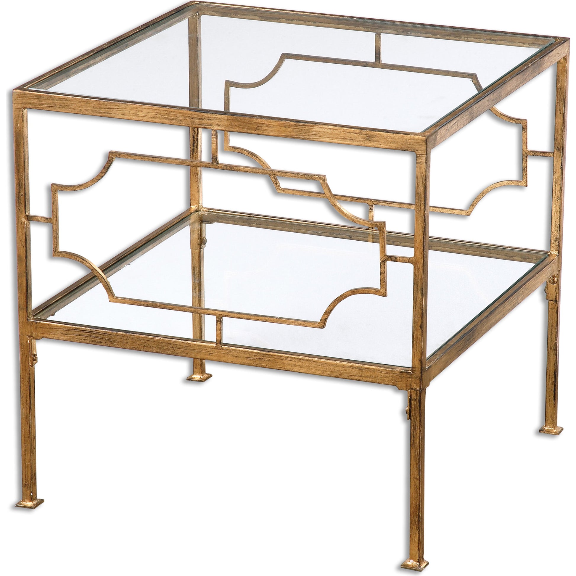 Genell Cube Table by Uttermost in gold. Made from metal, tempered glass in a modern style.