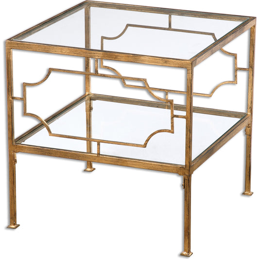 Genell Cube Table by Uttermost in gold. Made from metal, tempered glass in a modern style.