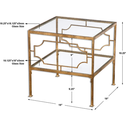 Genell Cube Table by Uttermost in gold. Made from metal, tempered glass in a modern style.