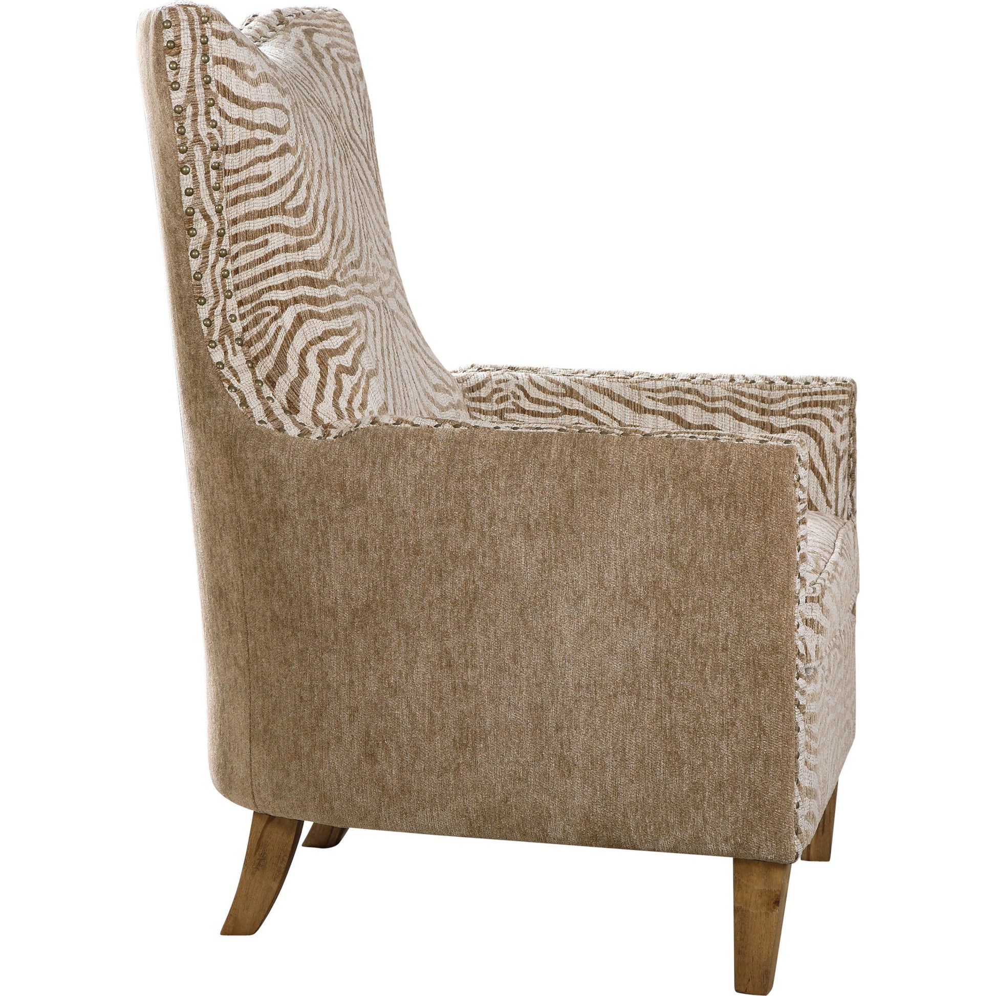 Kiango Animal Pattern Armchair by Uttermost. Made from wood, plywood, fabric, foam, metal in a cottage & farmhouse style.