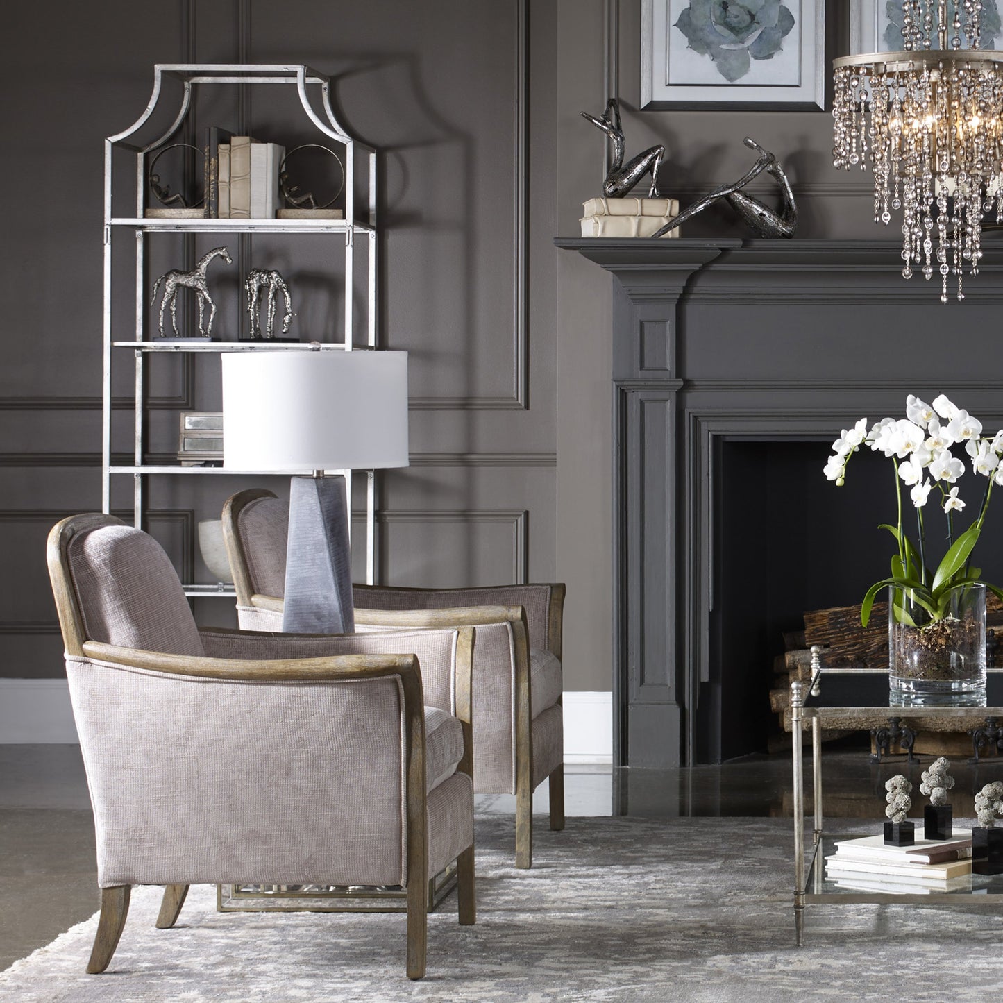 002 S-253040 | Lifestyle | Aurelie Etagere by Uttermost in silver. Made from metal, glass in a modern style.