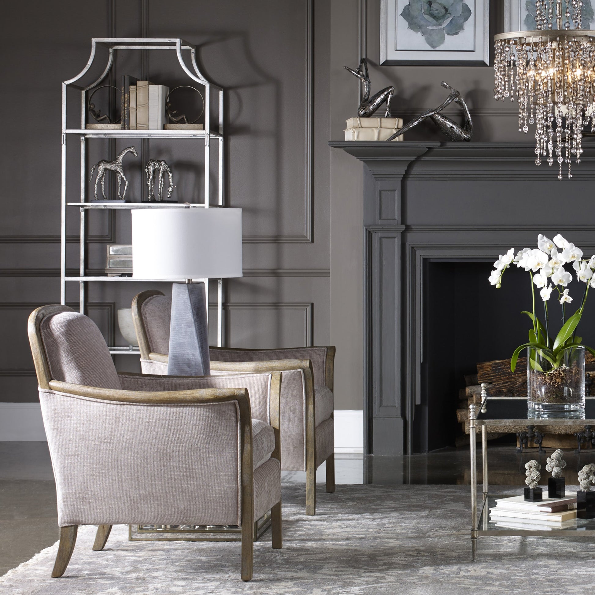 Aurelie Etagere by Uttermost in silver. Made from metal, glass in a modern style.