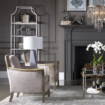 Aurelie Etagere by Uttermost in silver. Made from metal, glass in a modern style.