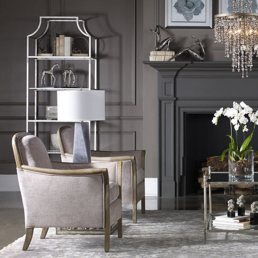 Aurelie Etagere by Uttermost in silver. Made from metal, glass in a modern style.