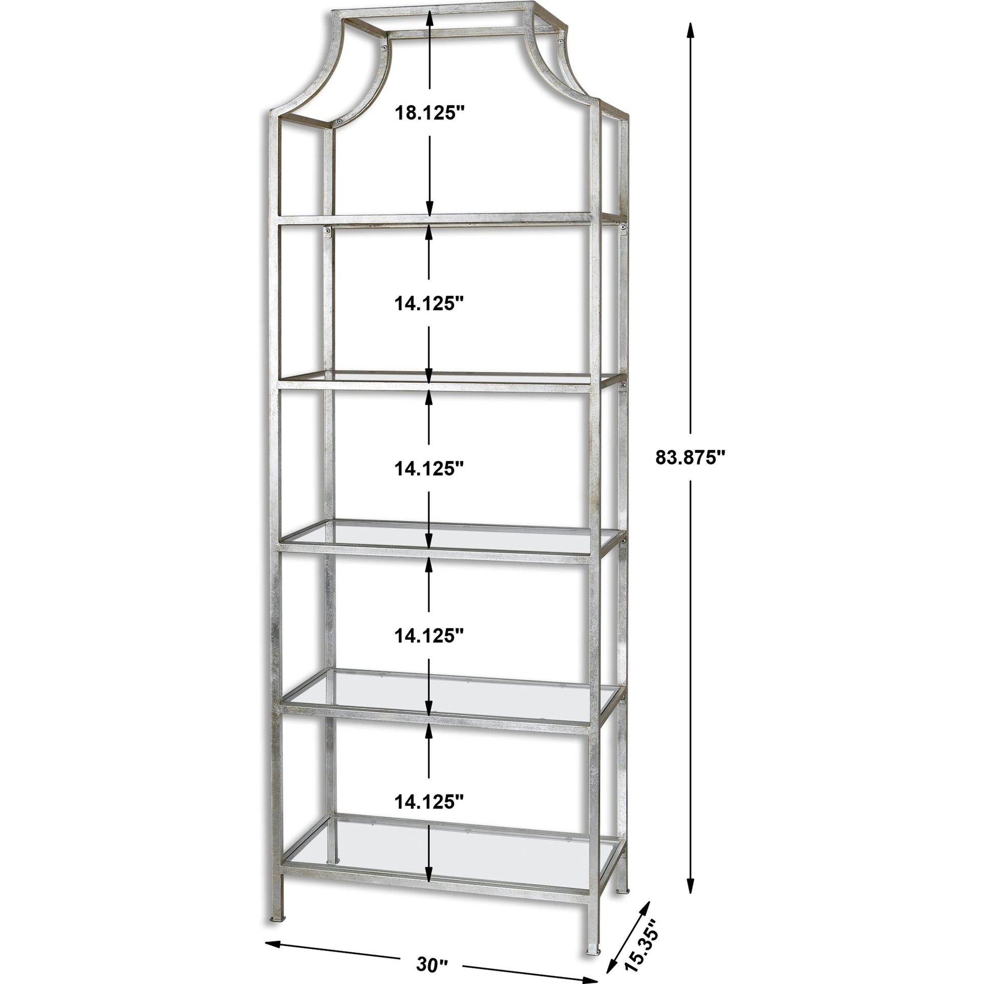 Aurelie Etagere by Uttermost in silver. Made from metal, glass in a modern style.