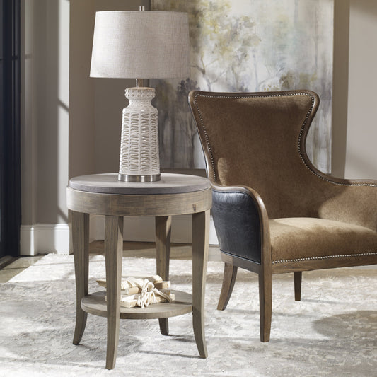 Deka Round Accent Table by Uttermost. Made from wood, concrete in a cottage & farmhouse style.