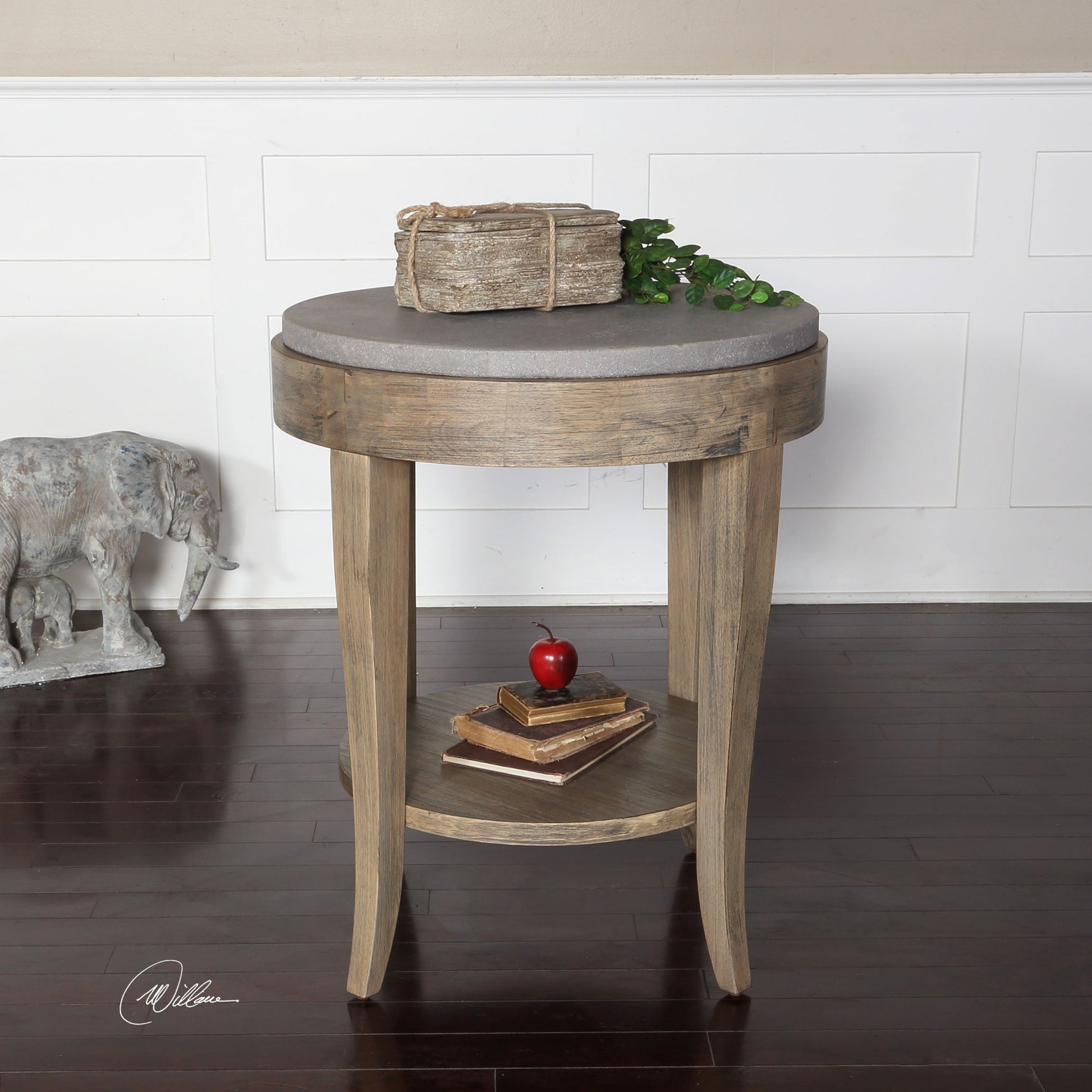 Deka Round Accent Table by Uttermost. Made from wood, concrete in a cottage & farmhouse style.
