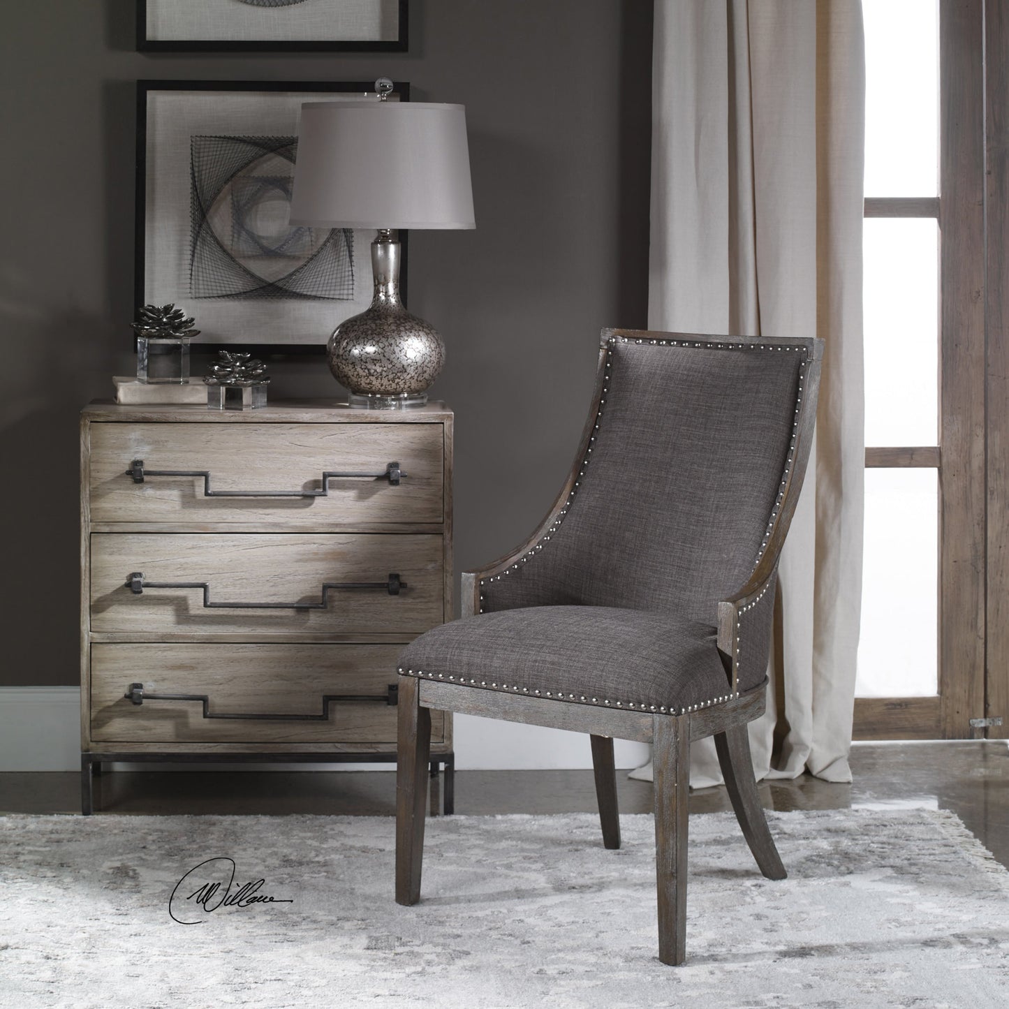 006 S-252859 | Lifestyle | Aidrian Accent Chair by Uttermost in gray. Made from bent wood, solid wood, plywood, fabric, foam in a cottage & farmhouse style.