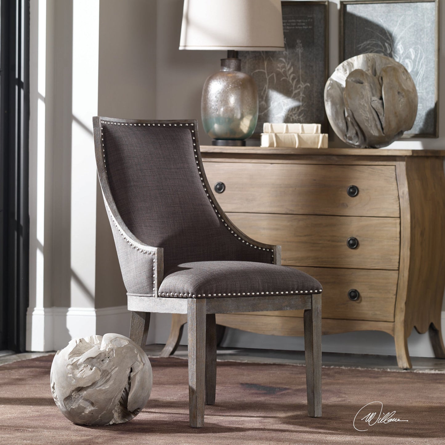005 S-252859 | Lifestyle | Aidrian Accent Chair by Uttermost in gray. Made from bent wood, solid wood, plywood, fabric, foam in a cottage & farmhouse style.