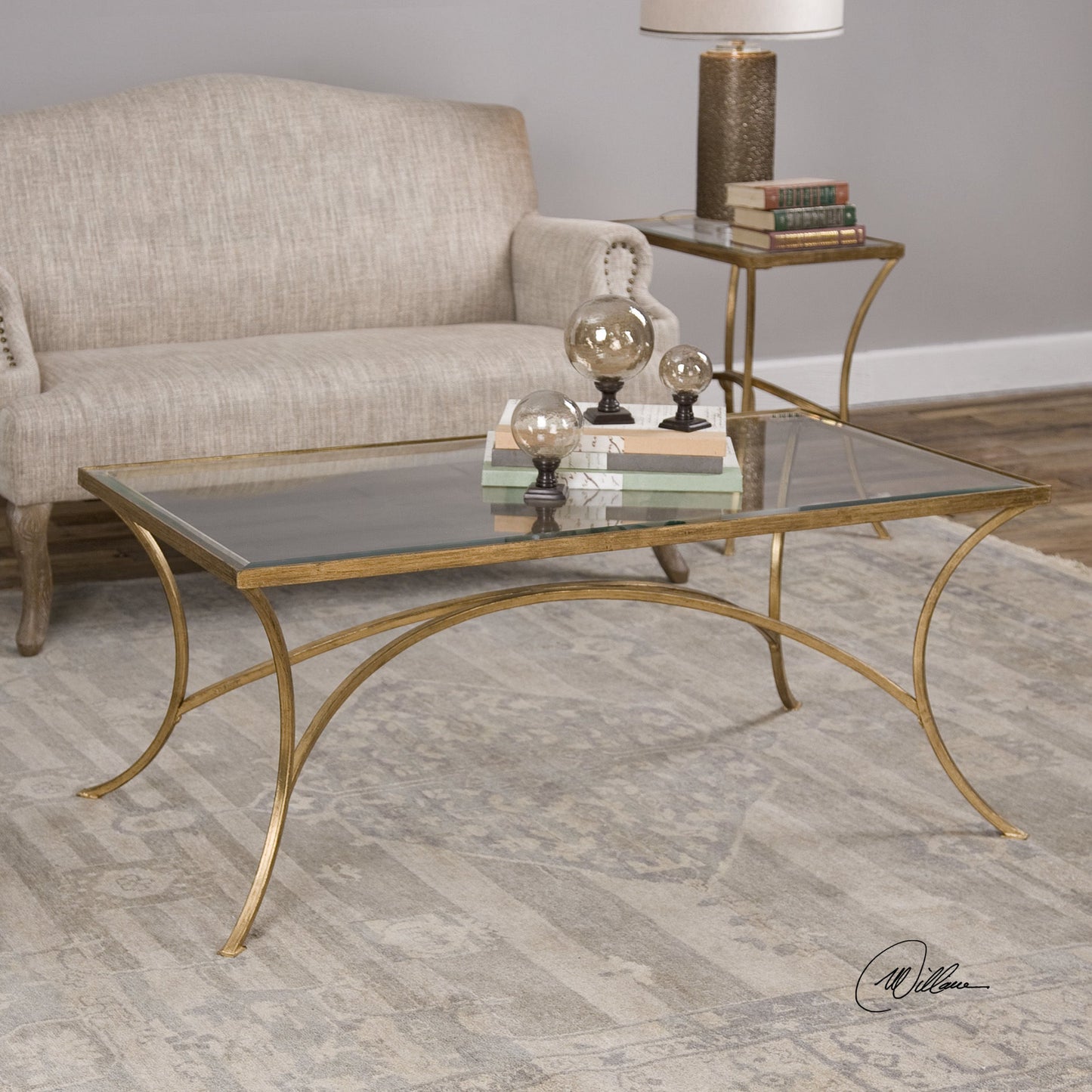 001 S-253081 | Lifestyle | Alayna Coffee Table by Uttermost in gold. Made from metal, glass in a modern style.