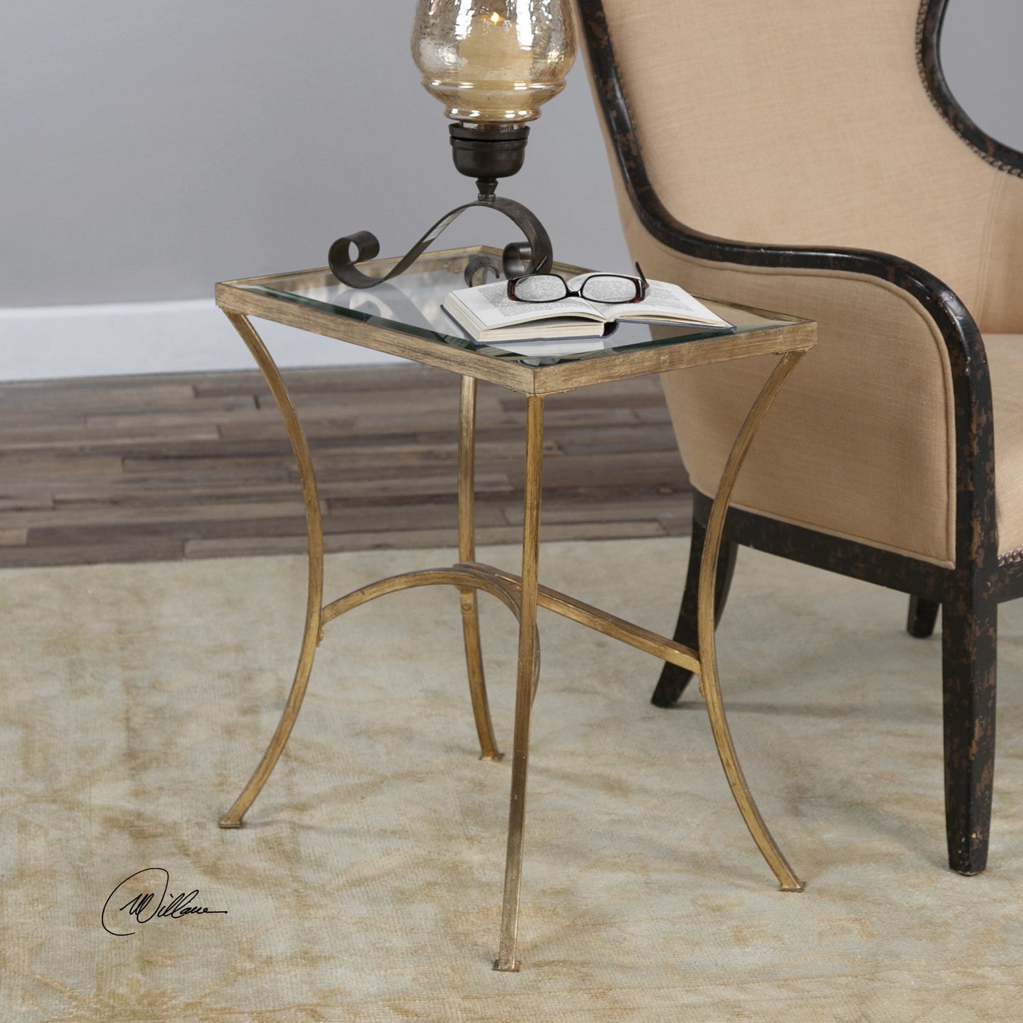011 S-253083 | Lifestyle | Alayna End Table by Uttermost in gold. Made from metal, tempered glass in a modern style.