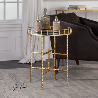 Tilly Accent Table by Uttermost in gold. Made from iron, mdf, mirror in a modern style.