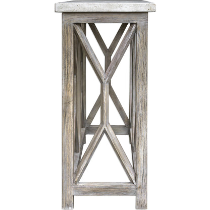 Catali Ivory Stone Console Table by Uttermost. Made from javawood with stone in a cottage & farmhouse style.