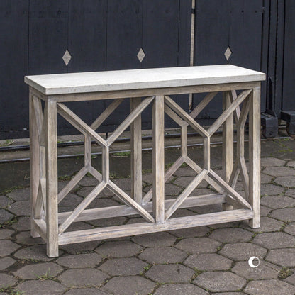 Catali Ivory Stone Console Table by Uttermost. Made from javawood with stone in a cottage & farmhouse style.