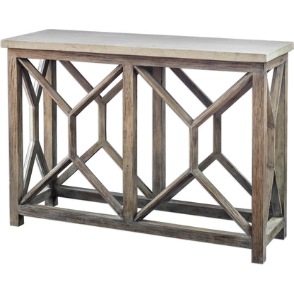 Catali Ivory Stone Console Table by Uttermost. Made from javawood with stone in a cottage & farmhouse style.