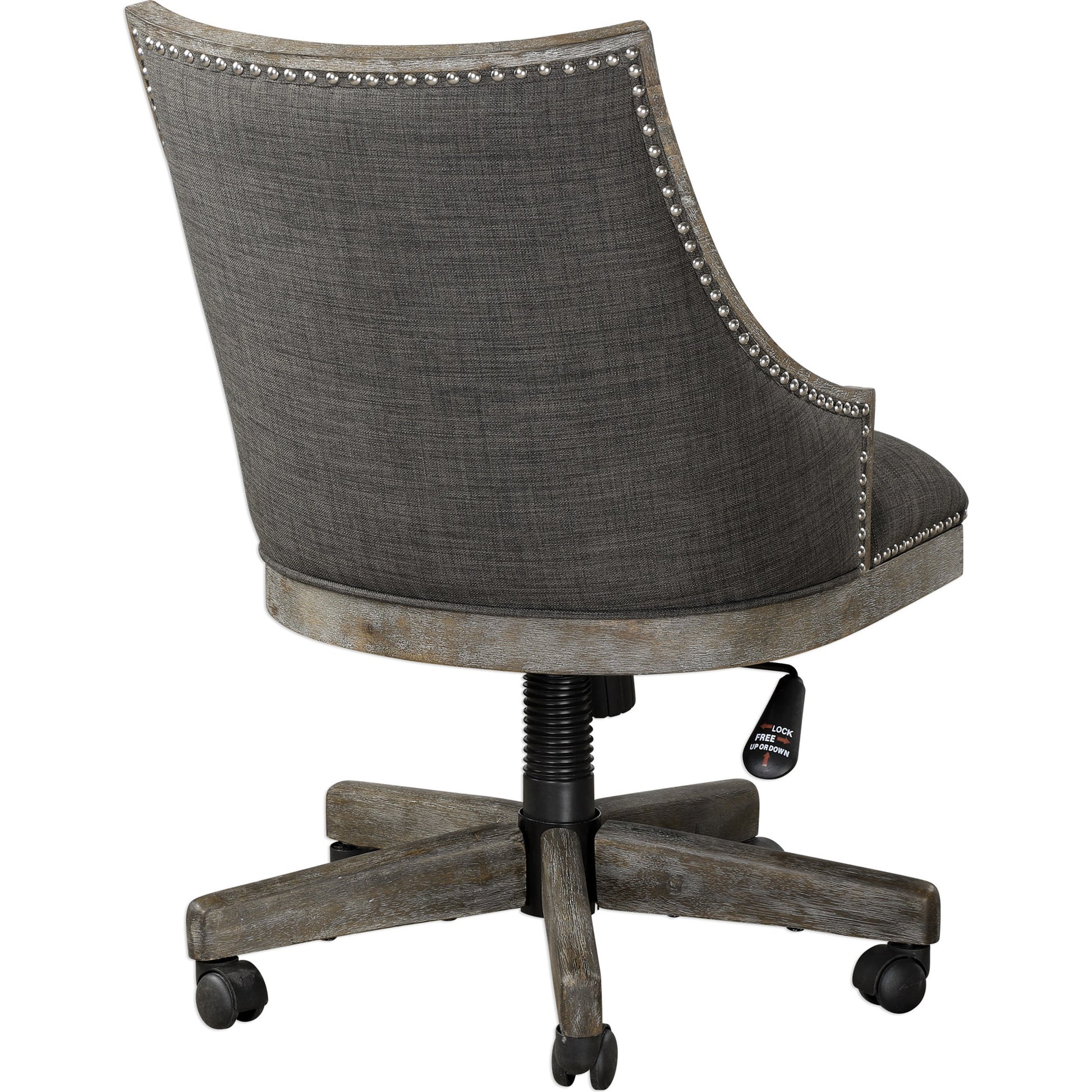 Aidrian Charcoal Desk Chair by Uttermost in charcoal. Made from metal, bent wood, plywood, fabric, foam in a cottage & farmhouse style.