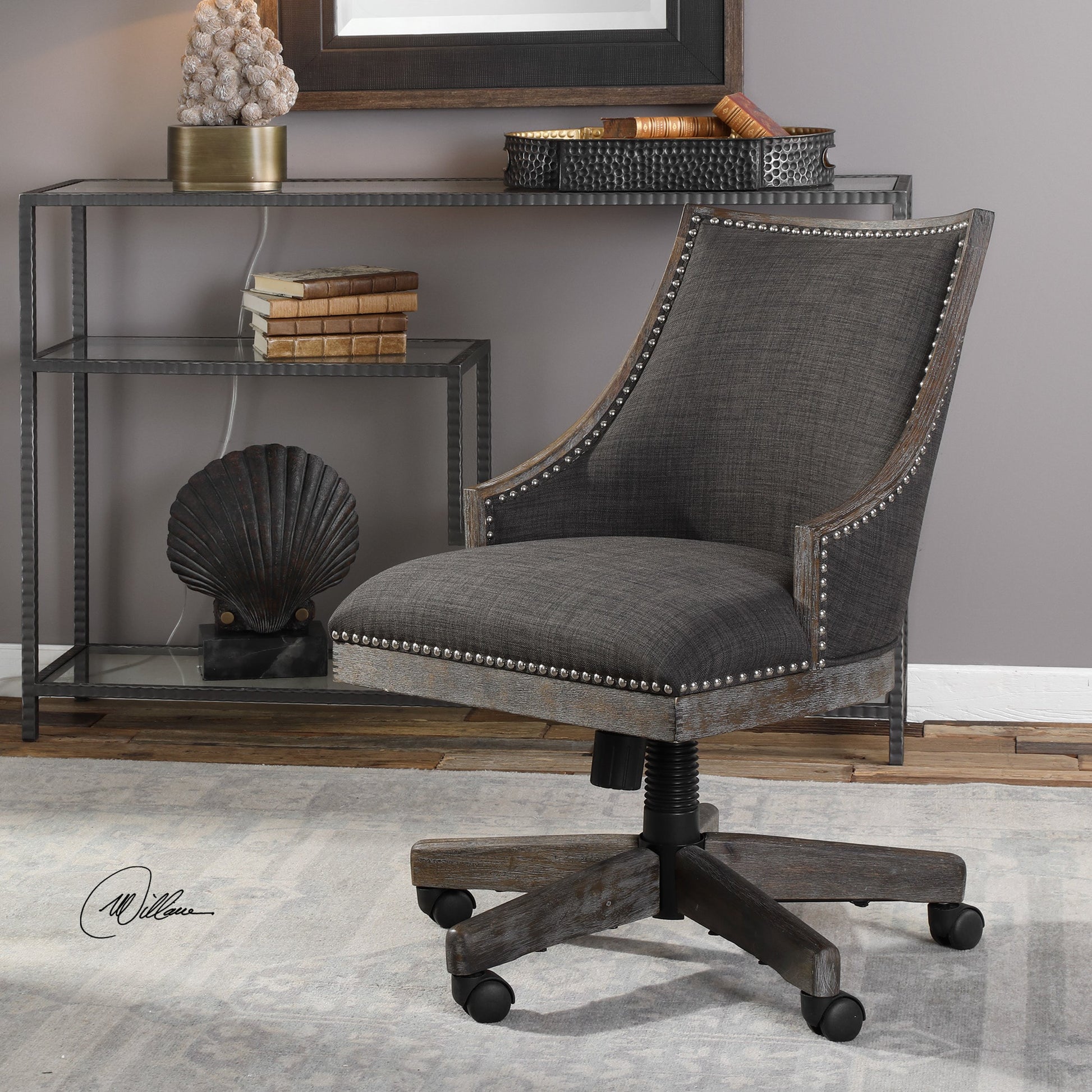 Aidrian Charcoal Desk Chair by Uttermost in charcoal. Made from metal, bent wood, plywood, fabric, foam in a cottage & farmhouse style.