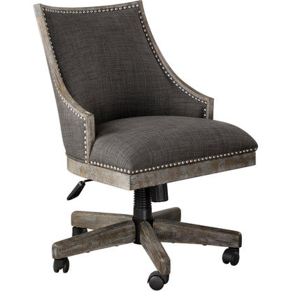 Aidrian Charcoal Desk Chair by Uttermost in charcoal. Made from metal, bent wood, plywood, fabric, foam in a cottage & farmhouse style.