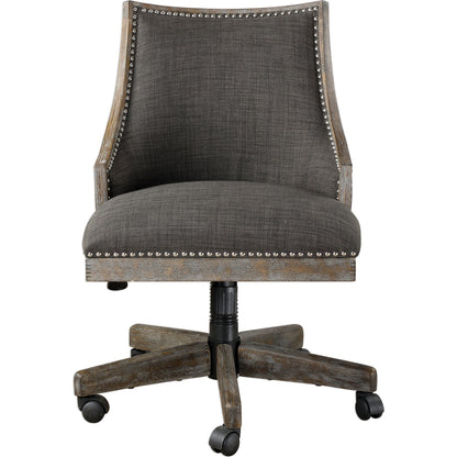 Aidrian Charcoal Desk Chair by Uttermost in charcoal. Made from metal, bent wood, plywood, fabric, foam in a cottage & farmhouse style.