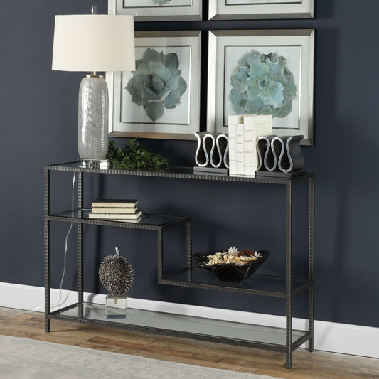 Leo Industrial Console Table by Uttermost. Made from iron, glass in a modern style.
