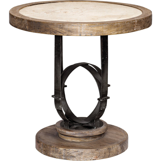 Sydney Light Oak Accent Table by Uttermost. Made from mahogany wood with metal iron, stone in a rustic style.