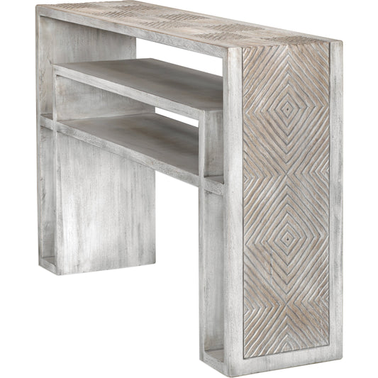 Genara Bone White Carved Console Table by Uttermost in white. Made from mahogany wood in a modern style.