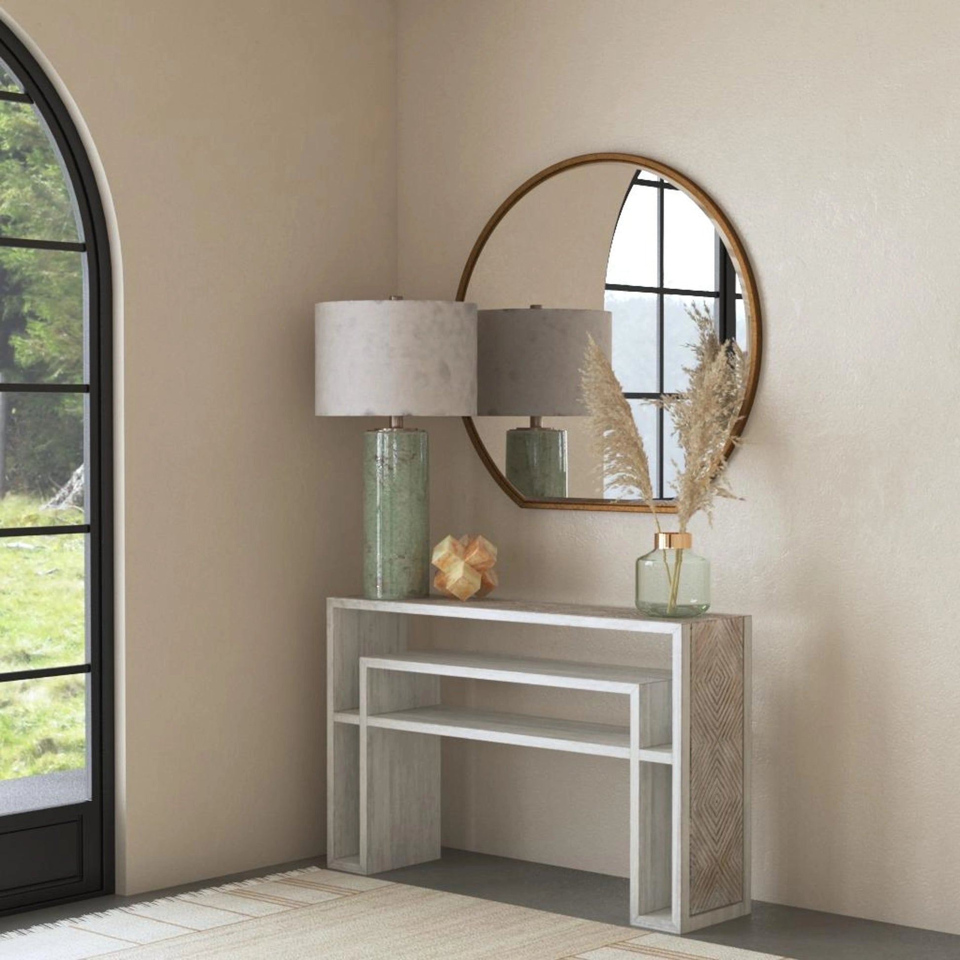 Genara Bone White Carved Console Table by Uttermost in white. Made from mahogany wood in a modern style.