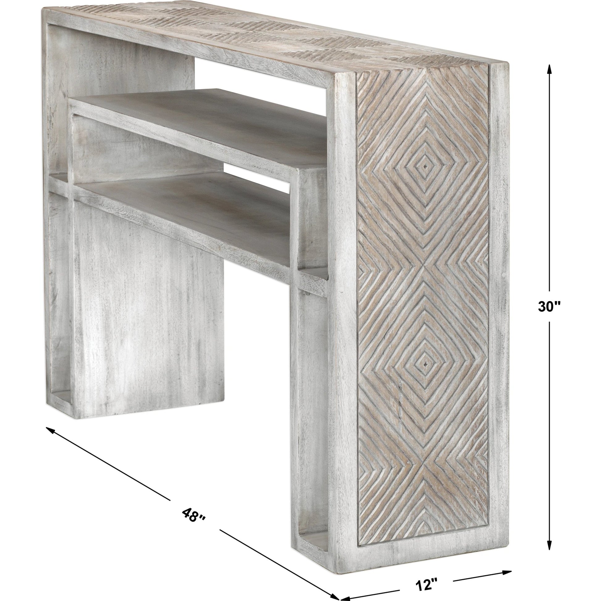 Genara Bone White Carved Console Table by Uttermost in white. Made from mahogany wood in a modern style.