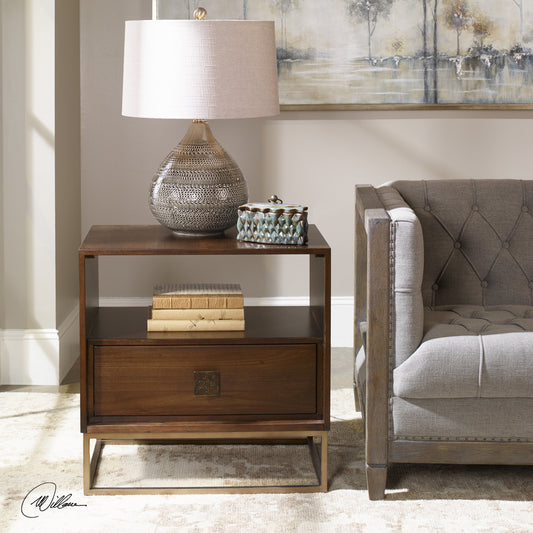 Bexley Side Table by Uttermost in walnut. Made from walnut veneer, wood, metal, plywood in a modern style.
