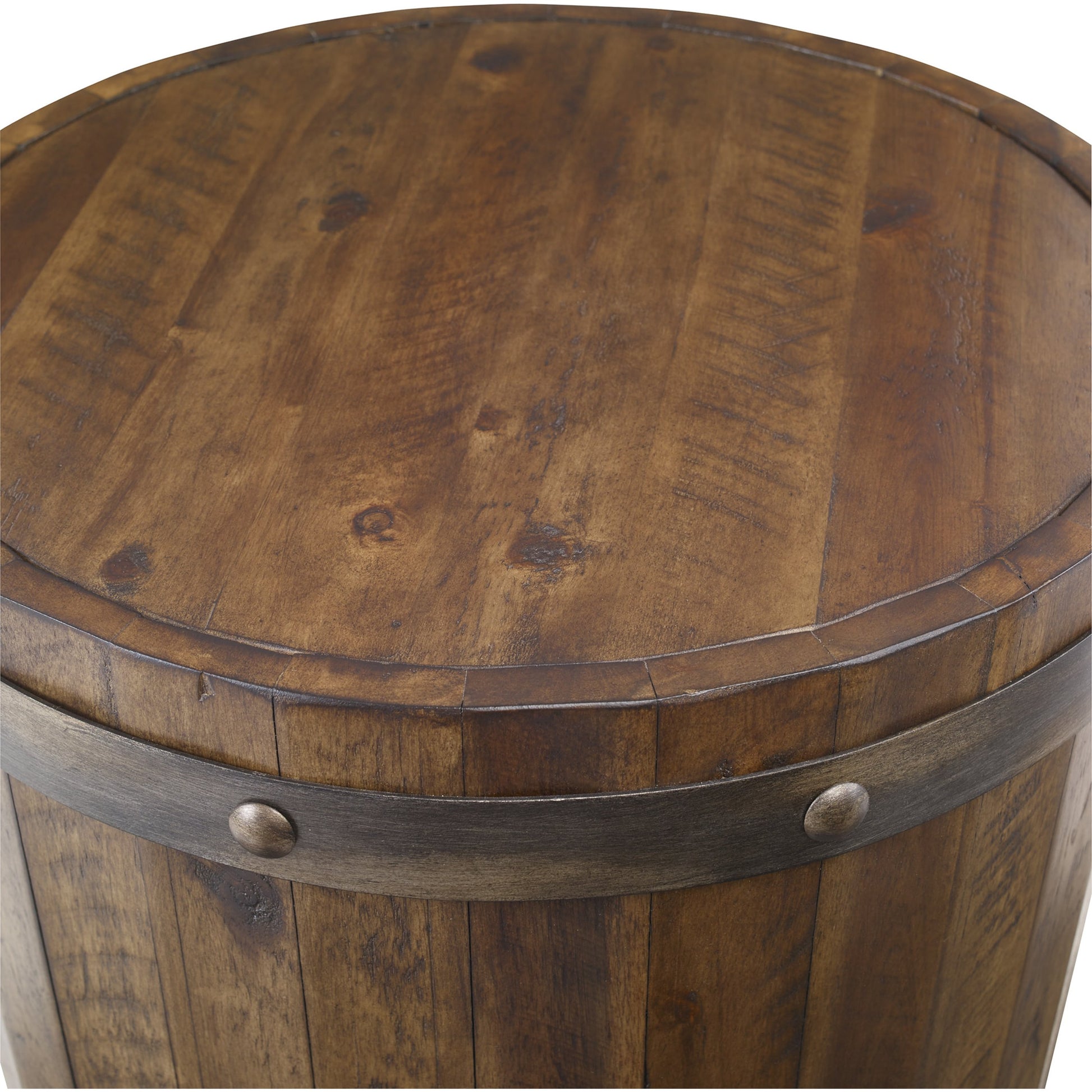 Ceylon Wine Barrel Accent Table by Uttermost. Made from acacia, metal in a rustic style.