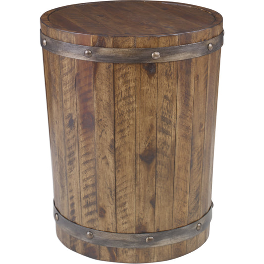 Ceylon Wine Barrel Accent Table by Uttermost. Made from acacia, metal in a rustic style.
