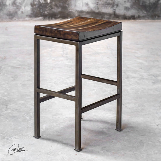 Beck Industrial Bar Stool by Uttermost. Made from metal iron with javawood in a modern style.