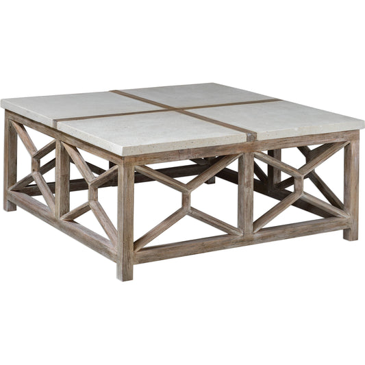 Catali Stone Coffee Table by Uttermost. Made from javawood with plywood carb phase 2, limestone in a transitional style.