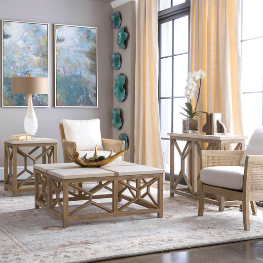 Catali Stone Coffee Table by Uttermost. Made from javawood with plywood carb phase 2, limestone in a transitional style.