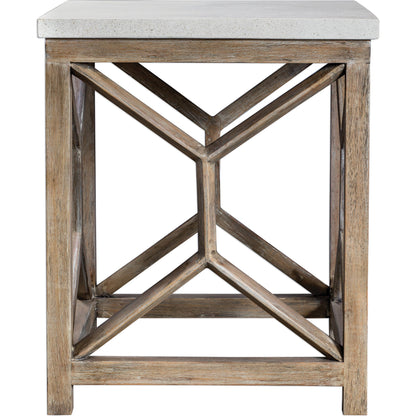 Catali Stone End Table by Uttermost. Made from javawood with plywood carb phase 2, limestone in a transitional style.